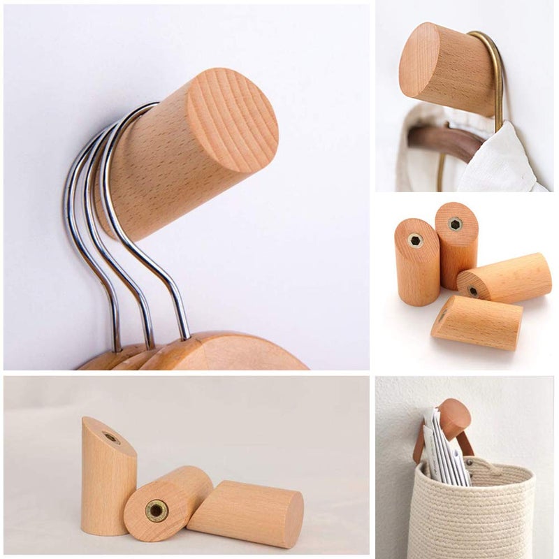 Felidio Wood Wall Hooks, 4 Pack Coat Hooks Mounted Rustic Wooden Heavy Duty Robe Hook Hat Rack | for Hanging Bathroom Towels Clothes Hanger (Beech Wood) - Image 3